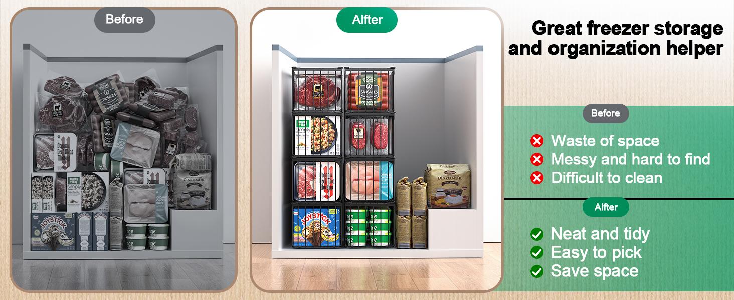 Organizer Bins, 4 Pack Stackable Deep Chest Freezer Organizer Bins, Foldable Baskets with Handles, Black Storage Container Baskets for 5/ 7 Cu.FT Deep Freezer Sort Frozen Meats