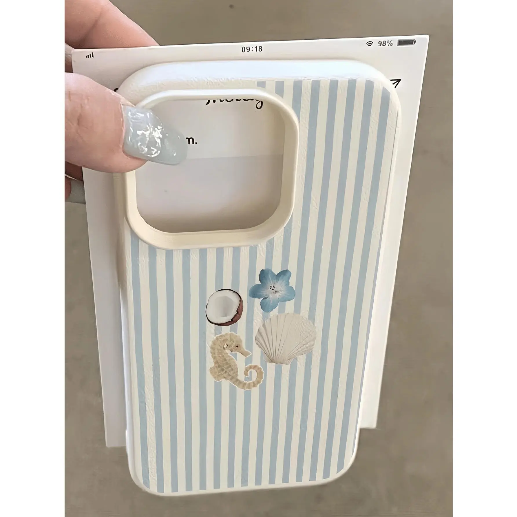 Marine TPU Minimalist White Blue Shockproof Fashion 1pc Striped Seahorse & Coconut Tree Pattern Ocean Seashell Simple Phone Case Compatible With Apple 17, 16, 15, 14, 13, 12, 11 Pro Max Air And Series Spring Birthday Gift