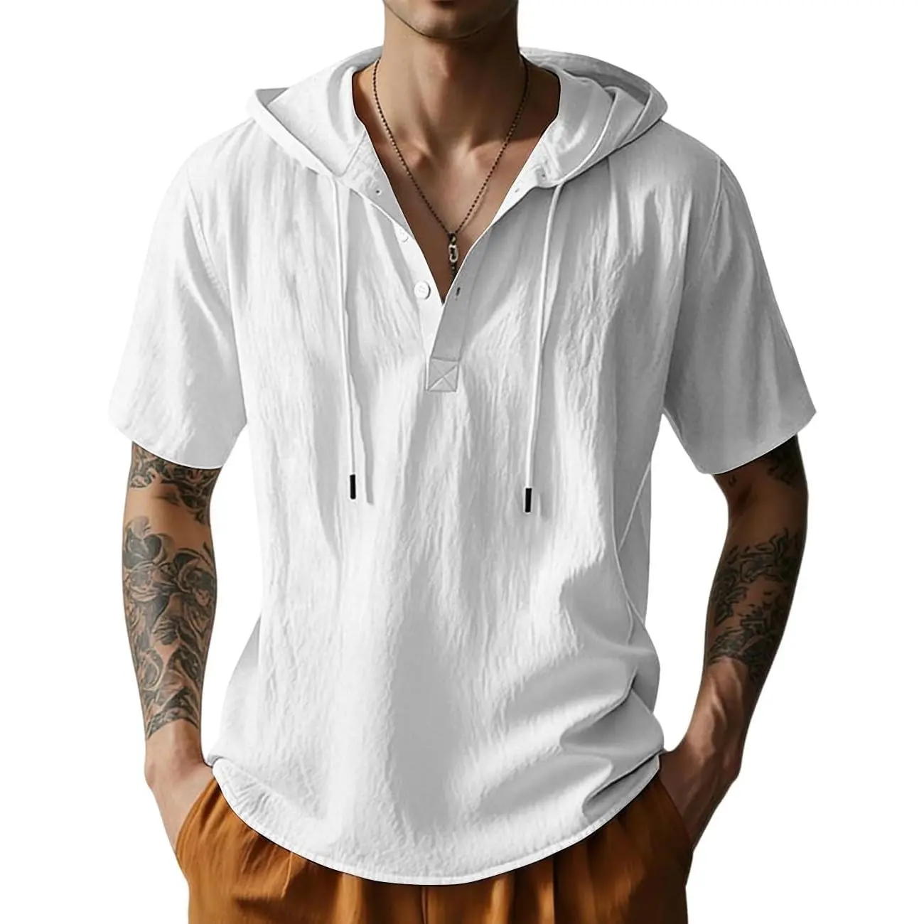 Men's Cotton Linen Shirts Short Sleeve Casual Button Down Hoodies Summer Hawaiian Beach Top with Drawstring