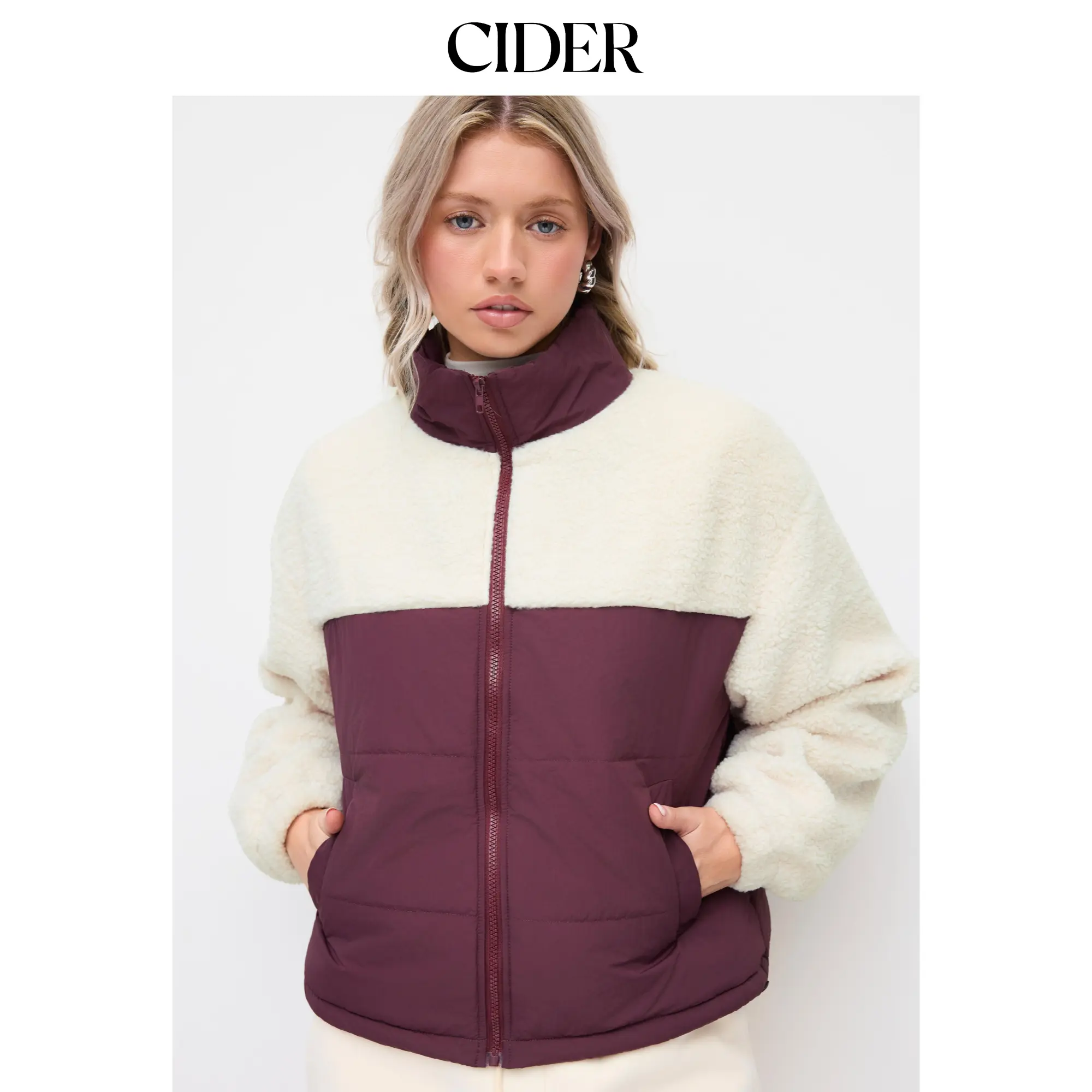 Cider Fleece Stand Collar Colorblock Faux Fur Trim Oversized Jacket SummerFinds
