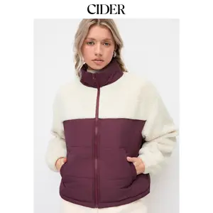 Cider Fleece Stand Collar Colorblock Faux Fur Trim Oversized Jacket SummerFinds