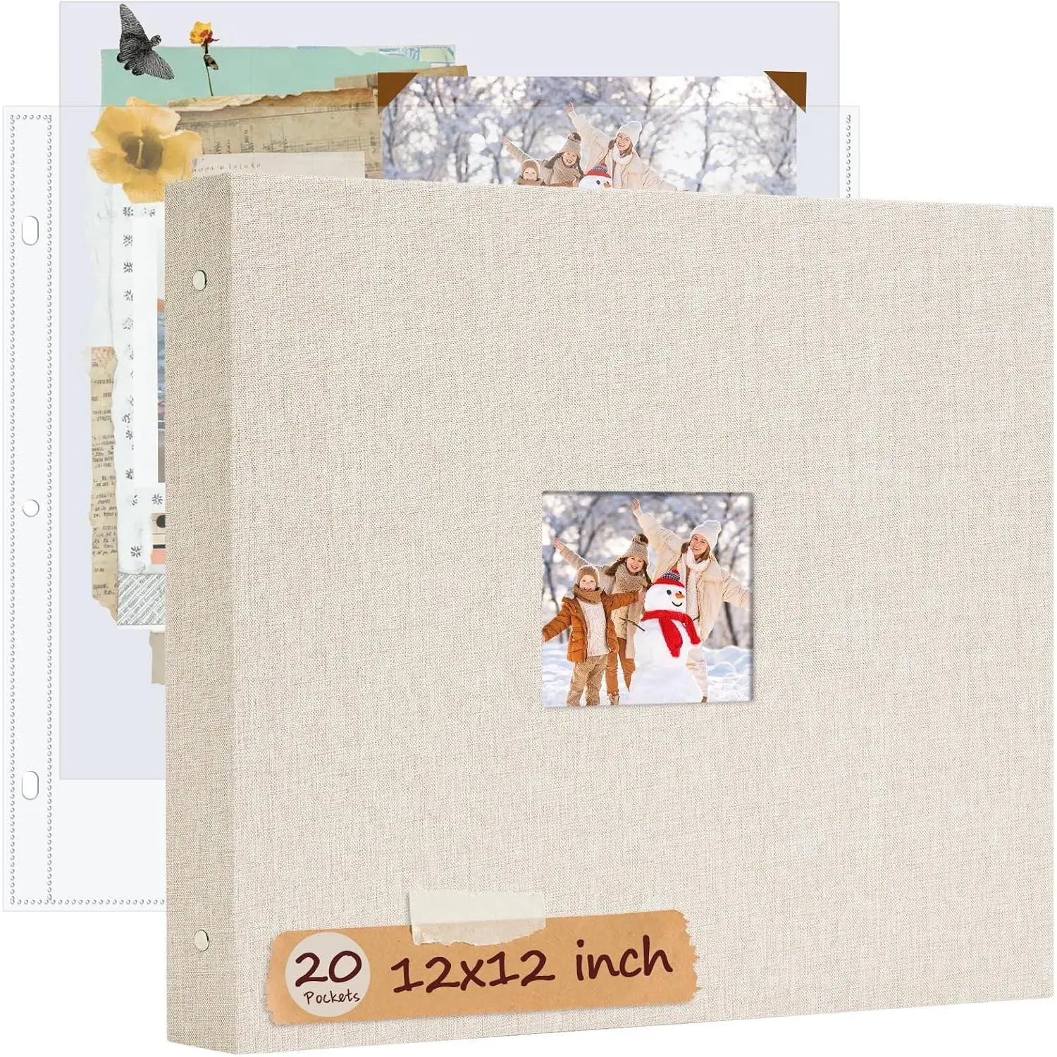 12x12 Inch Large 3 Ring DIY Scrapbook Photo Album, Linen Cover Scrapbook with 20 Sheets Plastic Sleeves 40 Pages Memory Book for Wedding Birthday Baby Family (Beige)