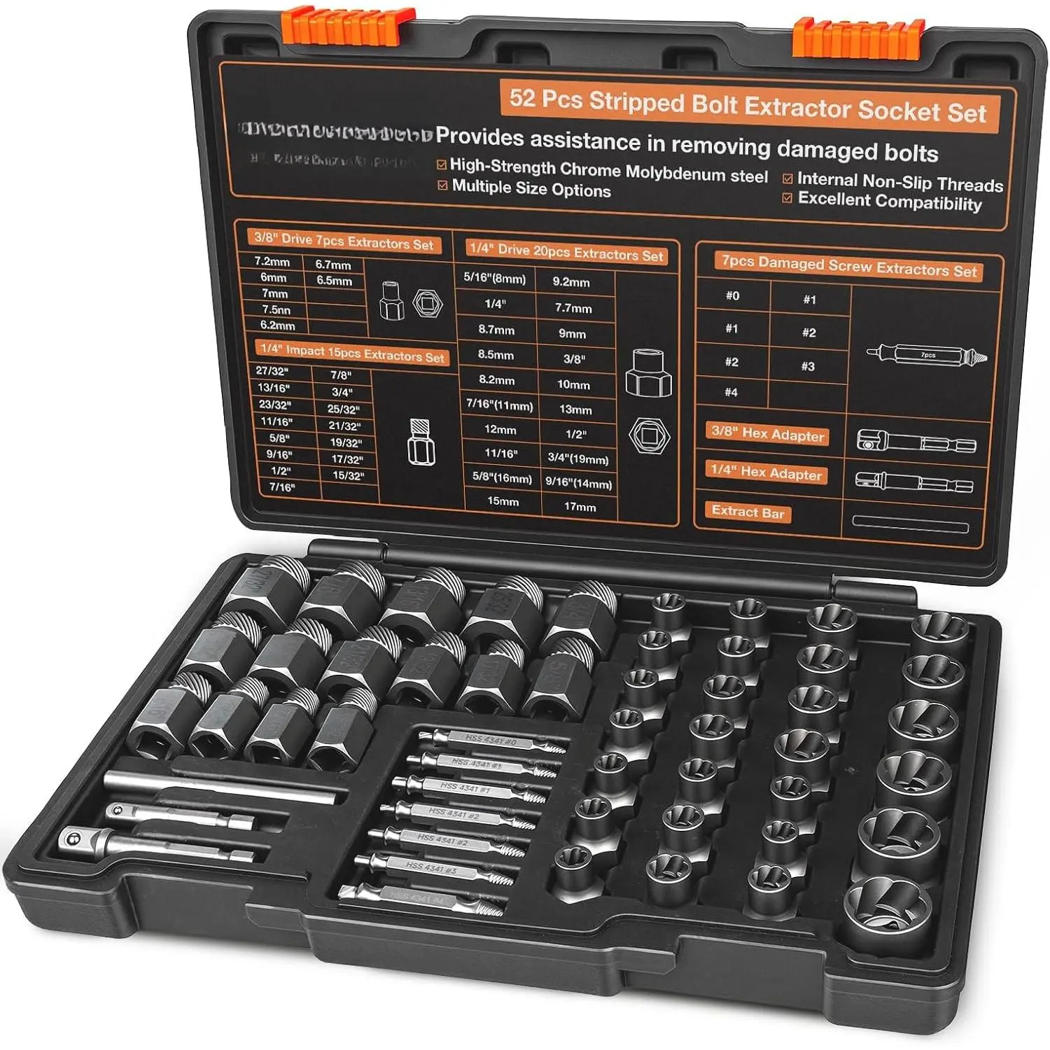 52 count Bolt Extractor Set & Screw Extractor Kit, Stripped Bolt Remover Socket Set, Easy Out Tool for Broken, Damaged, Rusted & Rounded , Nuts and Stripped Screws with Portable Storage Case