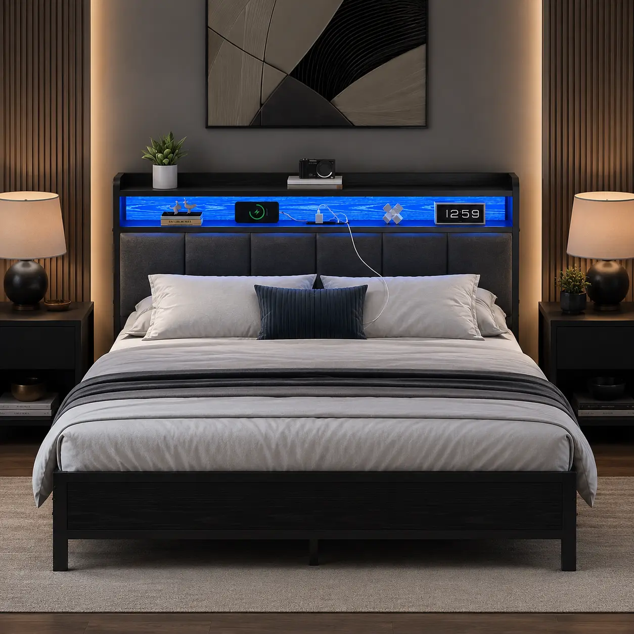 Upholstered bed frames with charging sockets, LED bed frames with storage headboards, metal panel bed frames featuring thickened metal slat bases. No spring mattress required, easy to install. Available colors: black, white, beige. Sizes: single, double,