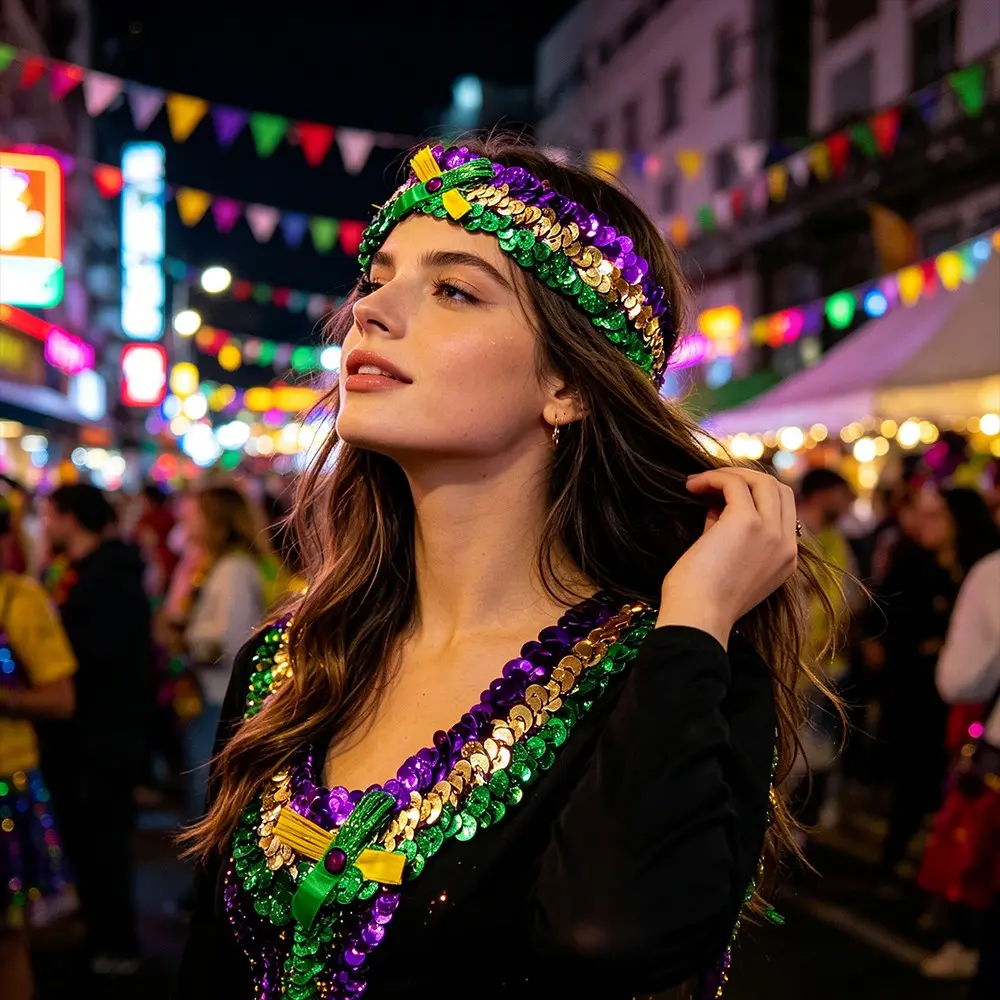 PESENAR Mardi Gras Sequin Headband - Purple, Gold, Green Sequined Hair Accessory with Festive Accents for Carnival Celebrations