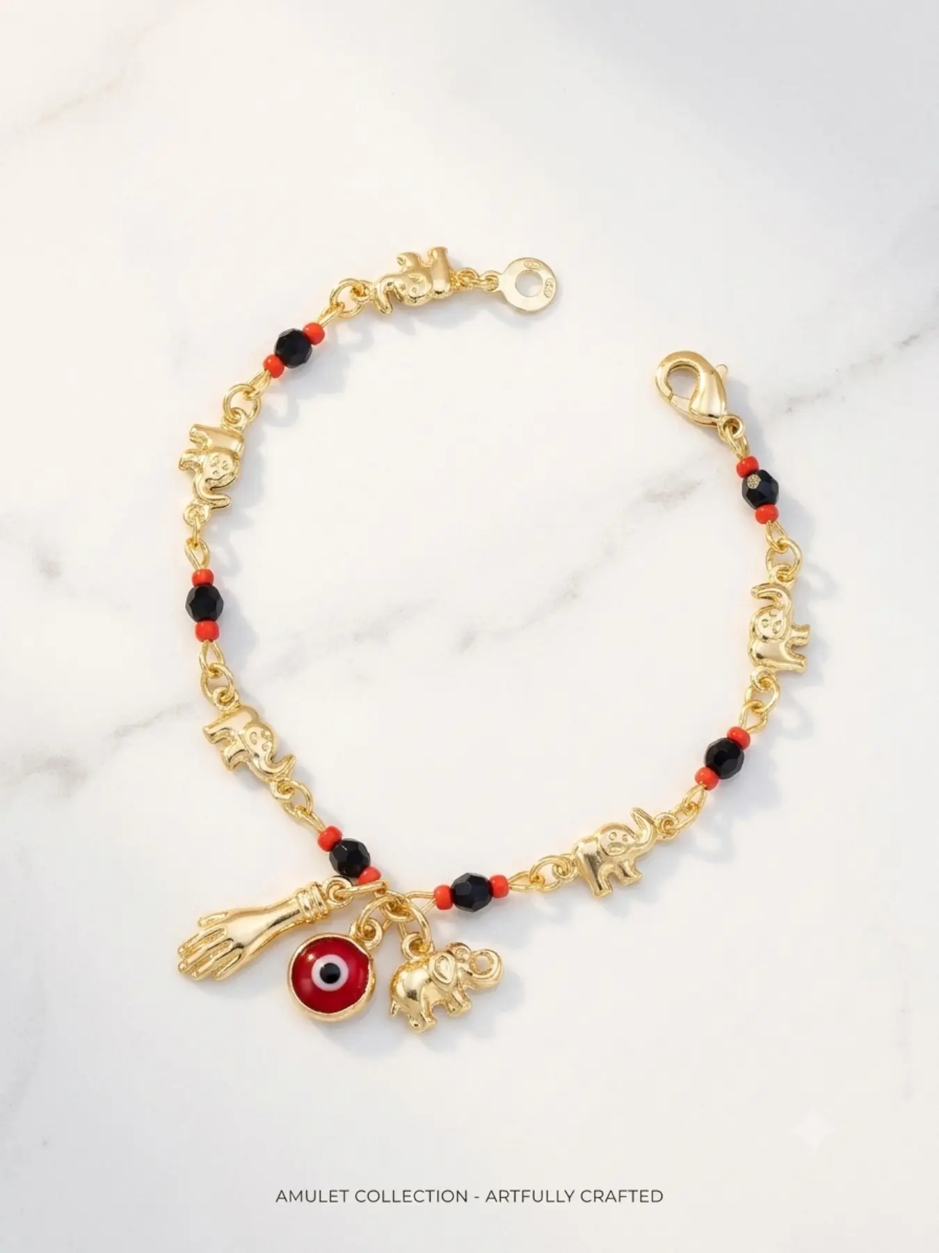 Evil Eye Elephant Charm Bracelet for women kids ,Hypoallergenic safe , Non-Tarnish,Gold-Tone Plated ,  Lucky Azabache Protection Gift