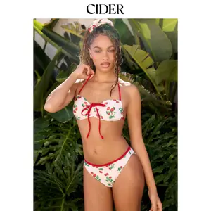 Cider Halter Neckline Cherry Graphic Contrasting Binding Bracelet Bikini Set With Hair Scrunchie