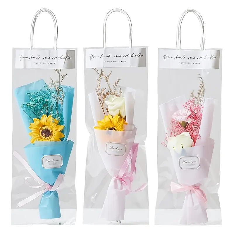 12 transparent flower receptacle bags, bouquet bags and handbag sets-transparent plastic bouquet gift bags, which are very suitable for flower shops, weddings and holiday gifts.