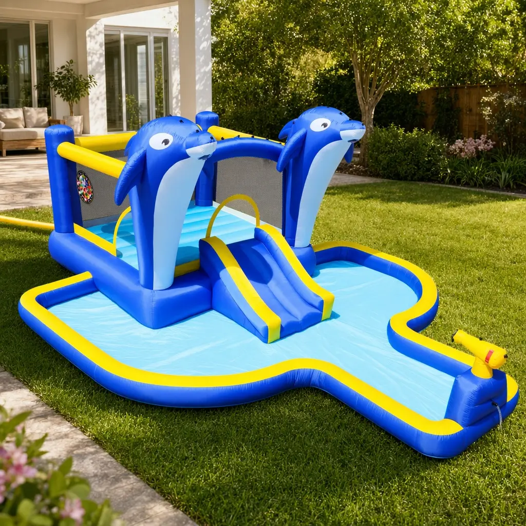 ETL Certified ARCH 8-in-1 Inflatable Water Slide Bounce House with Blower, Sprinkler, Basketball Hoop, Target Games, Outdoor Trampoline Park for Kids