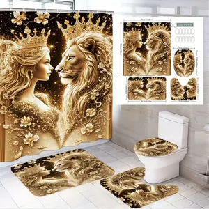 1/4pcs Royal Golden Theme Bathroom Curtain Set - Lion & Queen with Flowers Ornate Artwork, Matching Bath Mat + Toilet Seat Cover + Small Rug for Elegant Luxury, Perfect for King's Day, Valentine's Day, Christmas & Festive Home Decor, Shower Curtain Sets