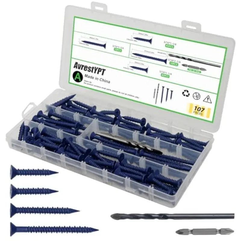 105pcs 3/16" Self Tapping Concrete Screws Cement Masonry Stucco Brick Screws for Concrete Cinder Block Anchors for Anchoring to Block Brick Deck Masonry Screws with 2 Drill Bits