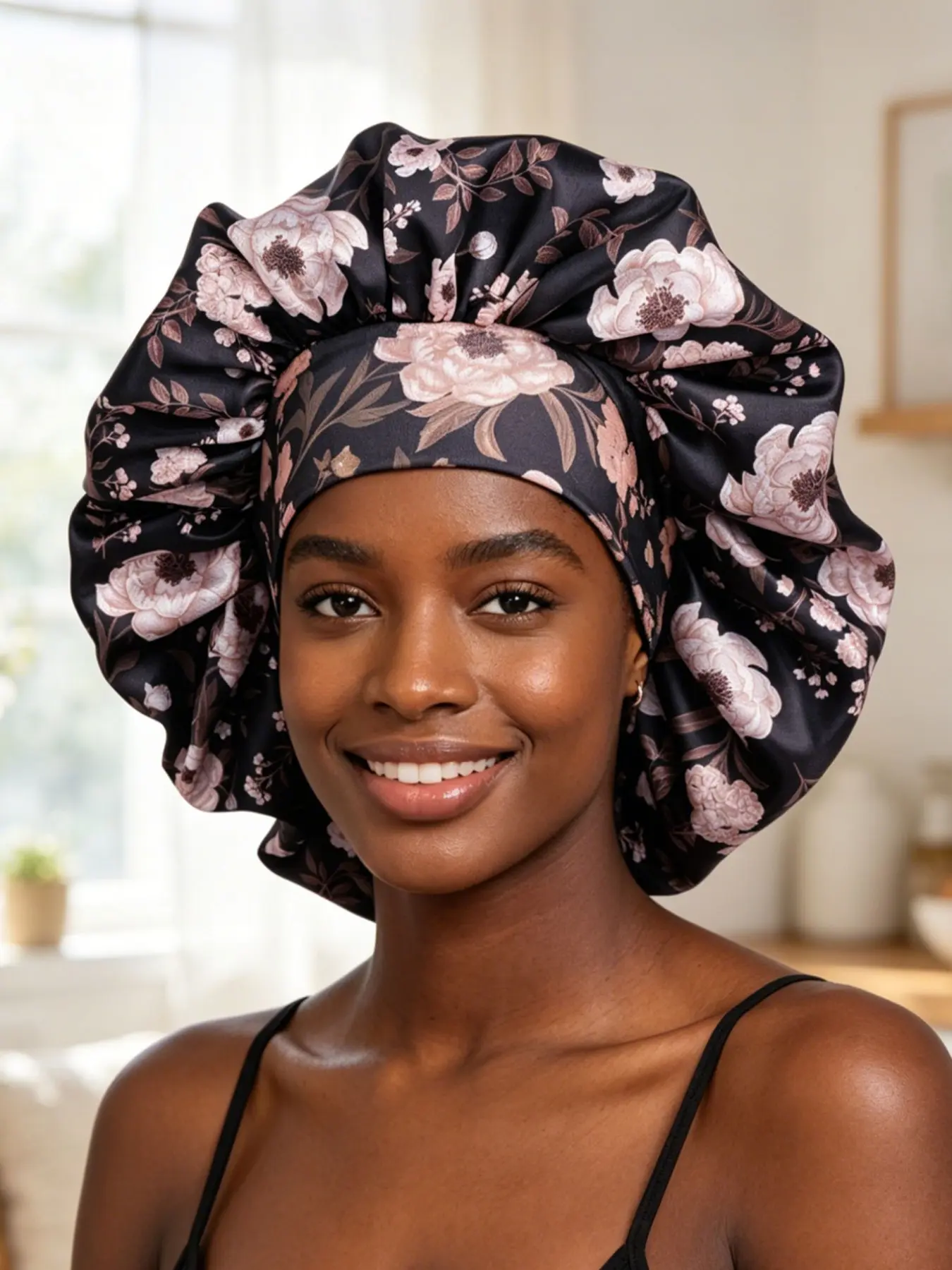 Women's Satin Sleep Cap, Floral Print Design, High-Quality Elastic Band, Nightly Hair Care Hat, Luxurious Shower Cap, Bonnets for Sleeping, Curly Hair Nightcap