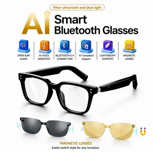 AI Bluetooth smart glasses, supporting translation of multiple language apps, equipped with replaceable magnetic lenses, filtering blue and ultraviolet light, music glasses, sweat proof, sun proof sunglasses, sunglasses, suitable for travel, navigation