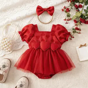 Baby Girl Summer Romper Dress Short Puff Sleeve Square Neck Heart Pattern Jumpsuit With Bow Headband,Sleeveless Romper Dress with Headscarf,adorable Heart Printed Jumpsuit For Summer