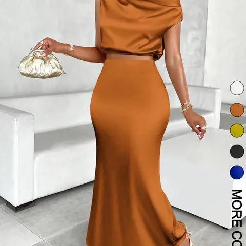 Women's Solid Asymmetrical Neck Top & Mermaid Skirt Satin Two-piece Set, Elegant Fashion Casual Top & Skirt for Daily Outdoor Wear, Women's Clothing Satin Matching Set for All Seasons