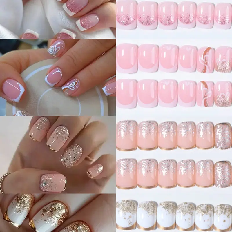 96pcs Short Square Press-On Nails, French Design, Glitter Gold Trim, Medium Size, Acrylic Material, Gel Adhesive & Nail File Included