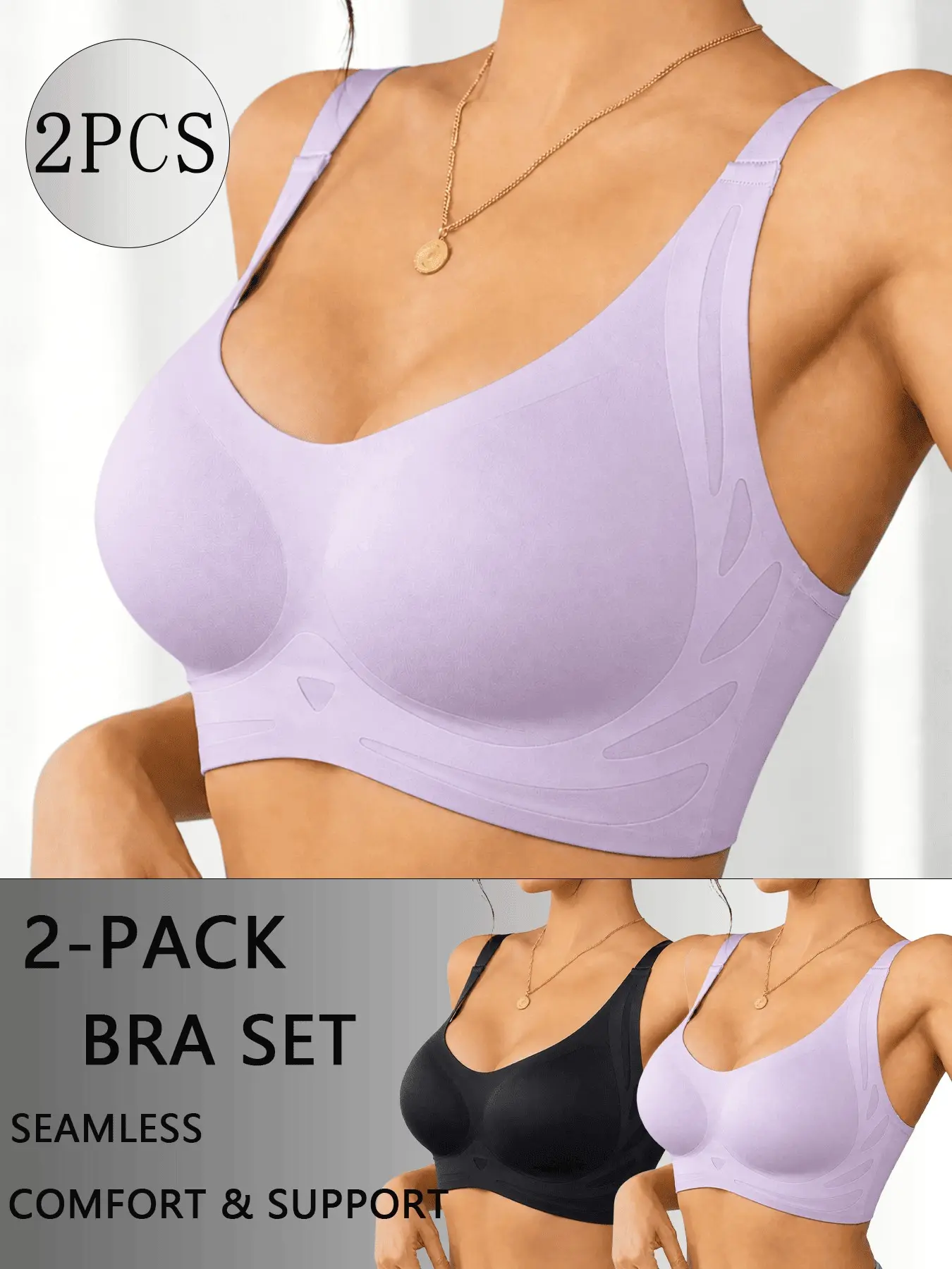 2-Pcs Backless Wireless Bras for Women, Wide Straps Pressure Relief, Adjustable Hook Closure, Comfortable Bralettes, Max Support