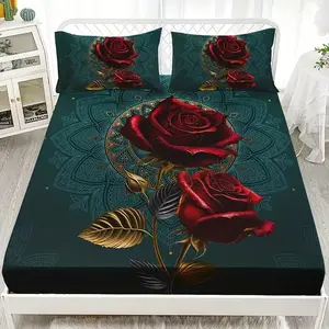 3pc Retro Dark Green and Red Rose Print Bed Scarf Set, Bedding, including 1 bed sheet and 2 pillowcases, suitable for single, double beds. A gift for friends, applicable for bedrooms, guest rooms, dormitories