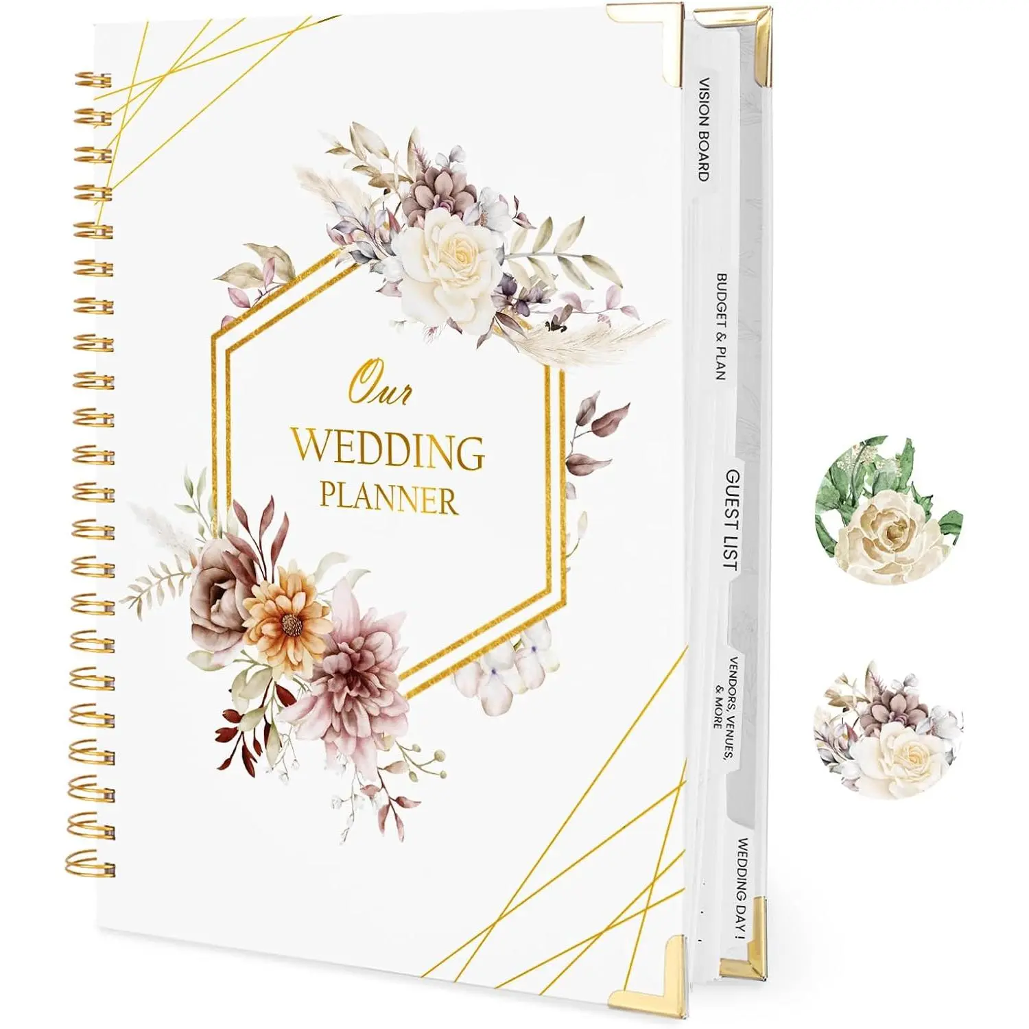 Wedding Planner Book and Organizer, Bridal Planning Binder with Tabs&Pocket | Floral Design, Countdown Calendar, Checklists, Metal Corner, 5 Pockets, Engagement  for Newly Engaged Couples, 9x12"