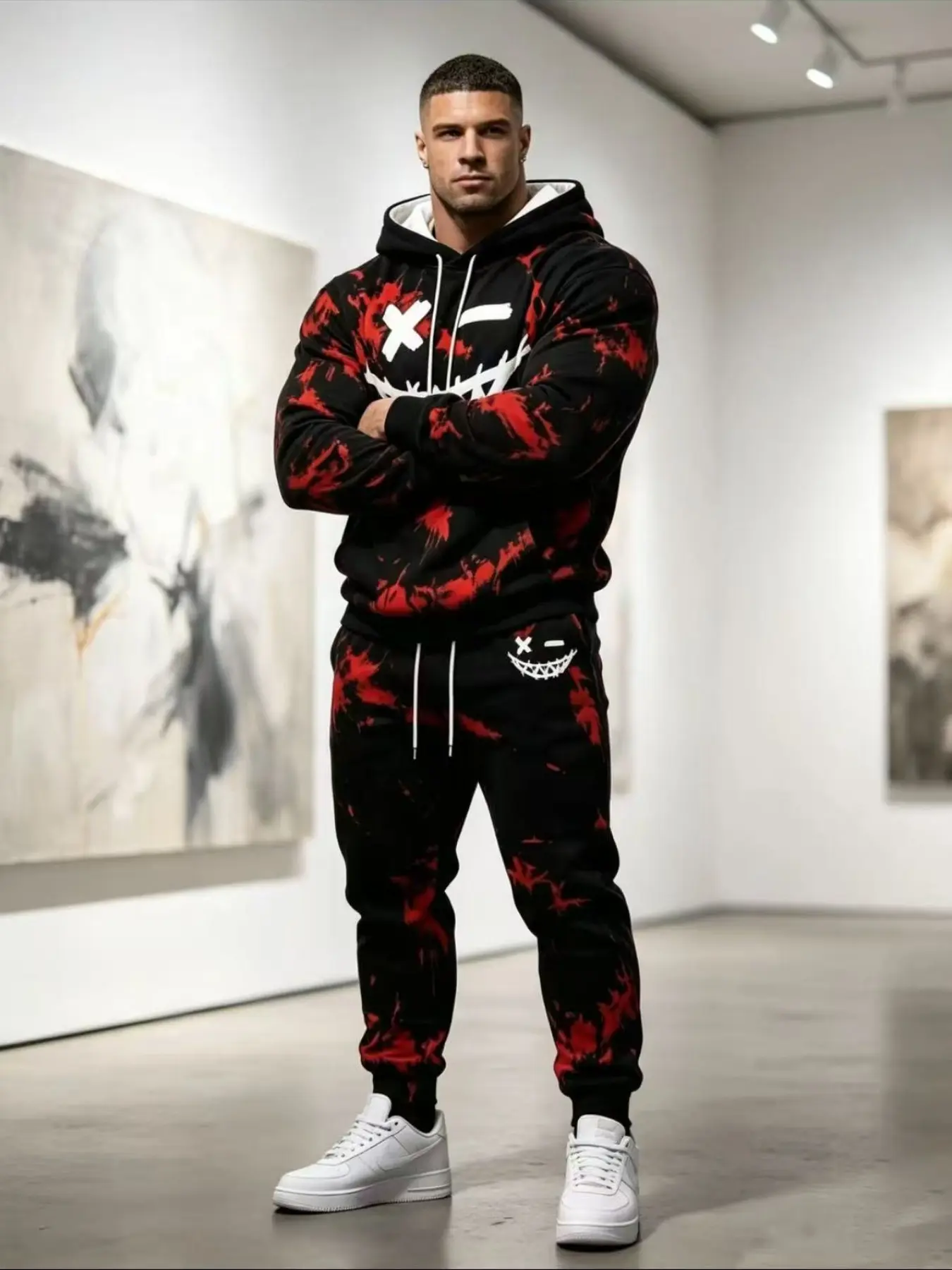 Red Black Splatter Evil Smiley Print 2‑Piece Outfit For Men, Pullover Hoodie And Jogger Pants Halloween Streetwear Sweat Suit