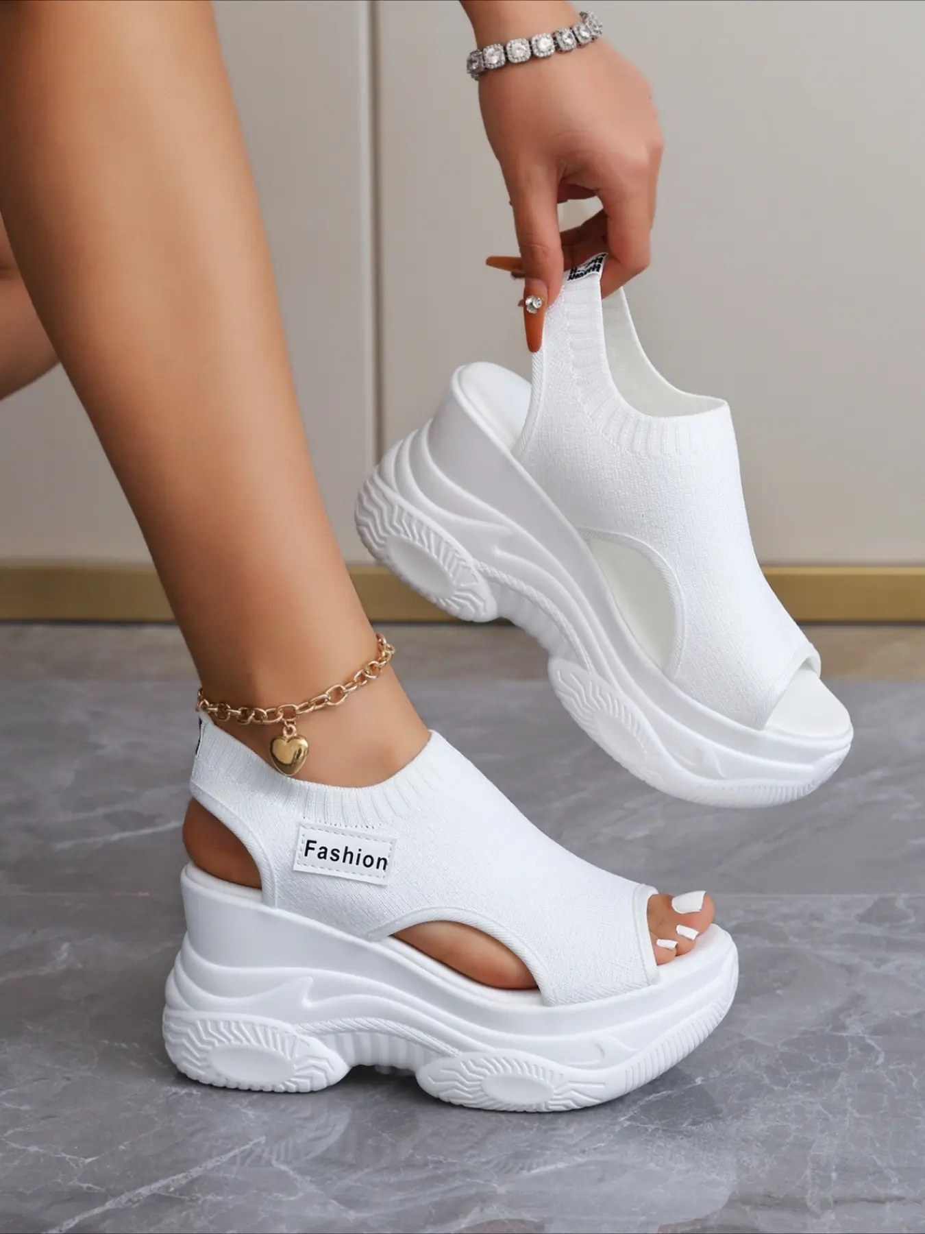 Fly weave peep toe wedge sandals elastic back strap trendy platform elevated casual women summer slides Fashionable wedge shoes