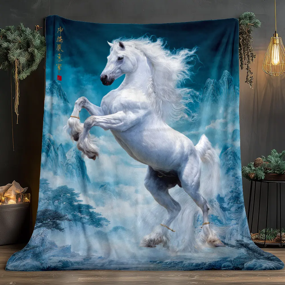 1pc Horse in Landscape Printed Blanket - Cozy Throw Blanket, Soft Warm Flannel Bedspread Suitable for Travel, Camping, Sofa - Cozy Horse-Themed Bed Cover (3 Sizes: 30x40in, 50x60in, 60x80in)