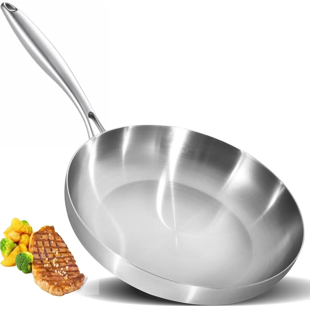 8/10/11 Inch Triple Stainless Steel Frying Pan, Triply Stainless Cookware, Oven Safe Up to 600°F, Non-Toxic, Compatible with All Stoves, Durable, Quick Even Heating