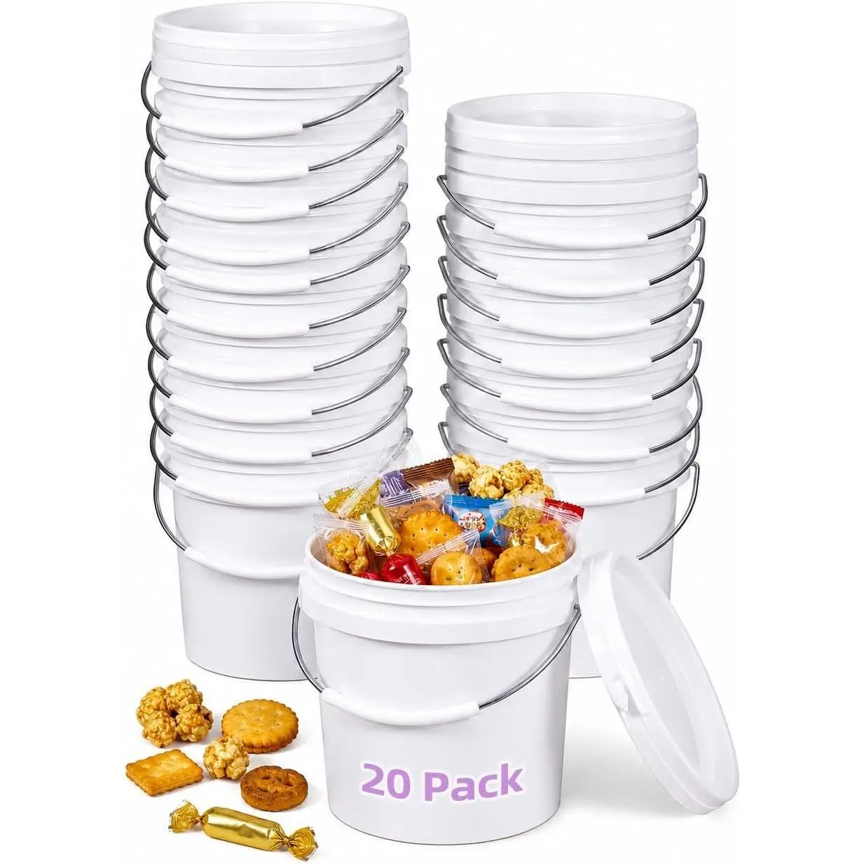 METAPACK 20 Pack 0.5-Quart Mini Plastic Buckets with Lids and Handles, Small Food Storage Pails, Candy Buckets for Party Favors, Birthday Gift Containers, Classroom Craft Storage, White