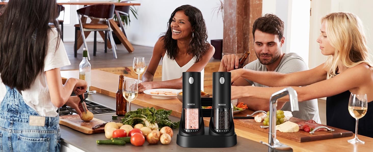 Electric Salt and Pepper Grinder Set with Rechargeable Base - Automatic Refillable Electric Salt and Pepper Shakers with Large Capacity, LED Light & Adjustable Coarseness, Black