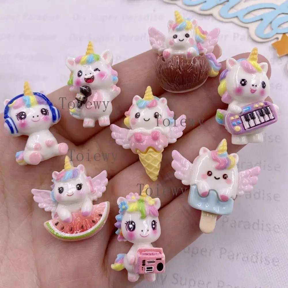 10pcs Resin Colorful Cartoon Rainbow Music Unicorn Flat back Stones Figurines Cute Ornament Christmas Embellishments Scrapbook DIY Accessories Crafts