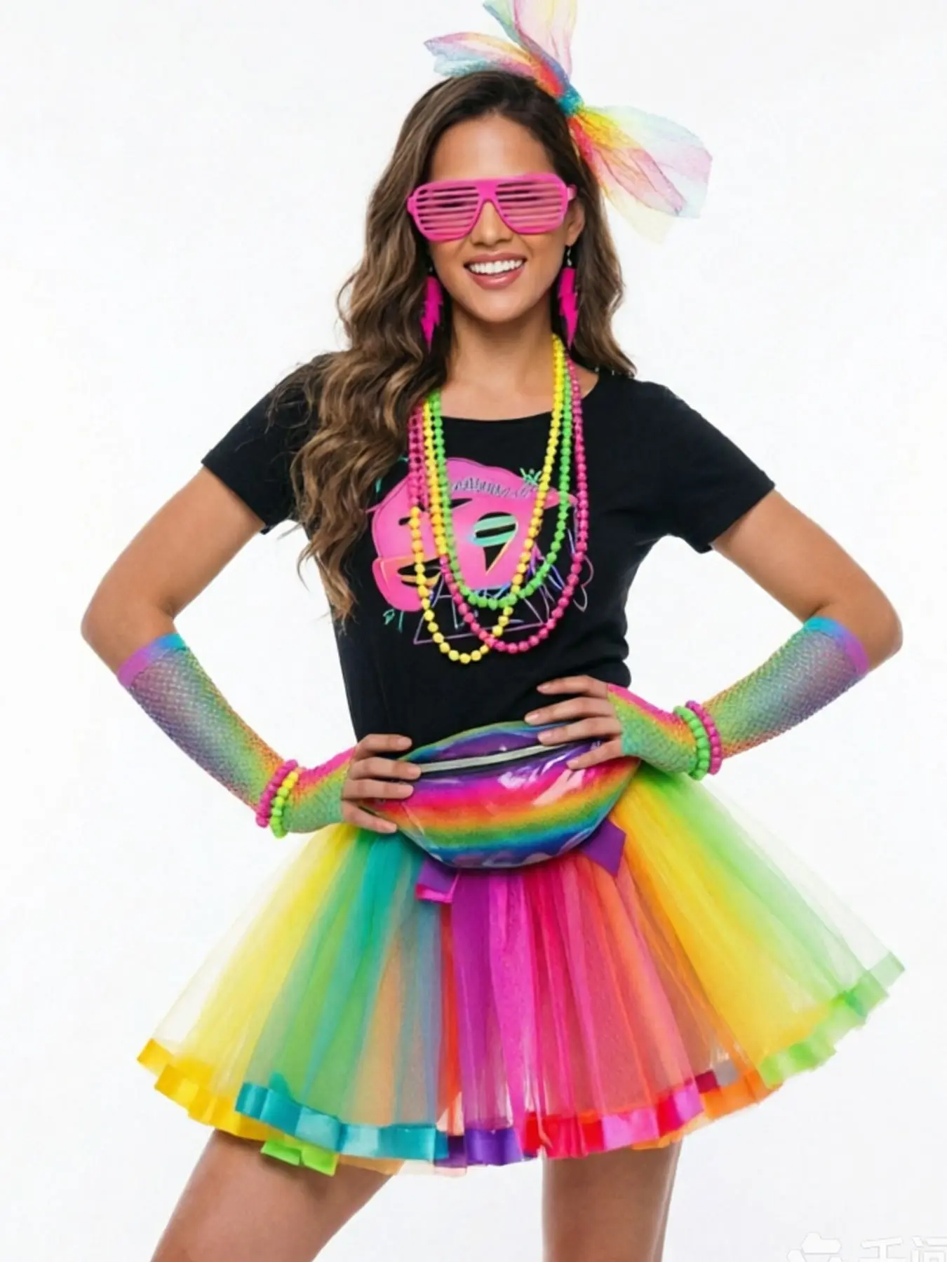 Rainbow Neon Theme Dress Up Costume Set Gradual Change Fishing Net Gloves Stacking Socks Lace Headband Halloween Nostalgic Drag Dress Up Costume