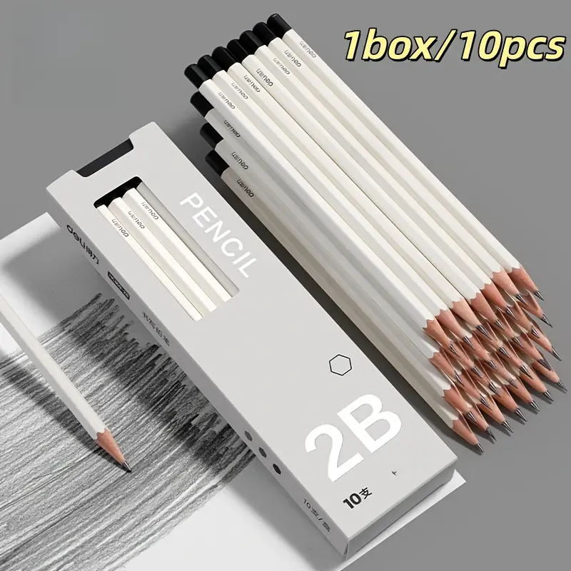 White hexagonal pencil 10pc, HB writing pencil, 2B writing pencil, hexagonal pencil holder, log pencil, sharpable pencil, smooth writing, comfortable grip, simple white pencil. Suitable for daily writing use, stationery writing tools