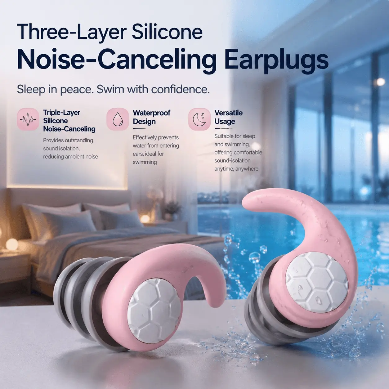 Waterproof Silicone Sleep Ear Plugs, Reusable Noise Cancelling for Swimming Sleeping Studying Working, Sweatproof Comfortable Hypoallergenic Breathable Earplugs with Portable Travel Case.
