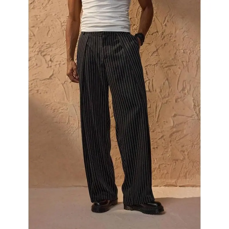 ( Five-star review)Men's Business Casual Black Pinstripe Wide Leg Halloween Wedding Guest Christmas Black White Pants