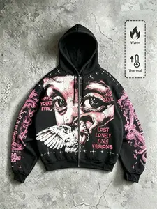 Men's Vintage Angel Eye Pattern Hooded Zipper Sweatshirt, Y2K Gothic Streetwear, Long Sleeve Loose Fit, Fall & Winter Warm Jacket