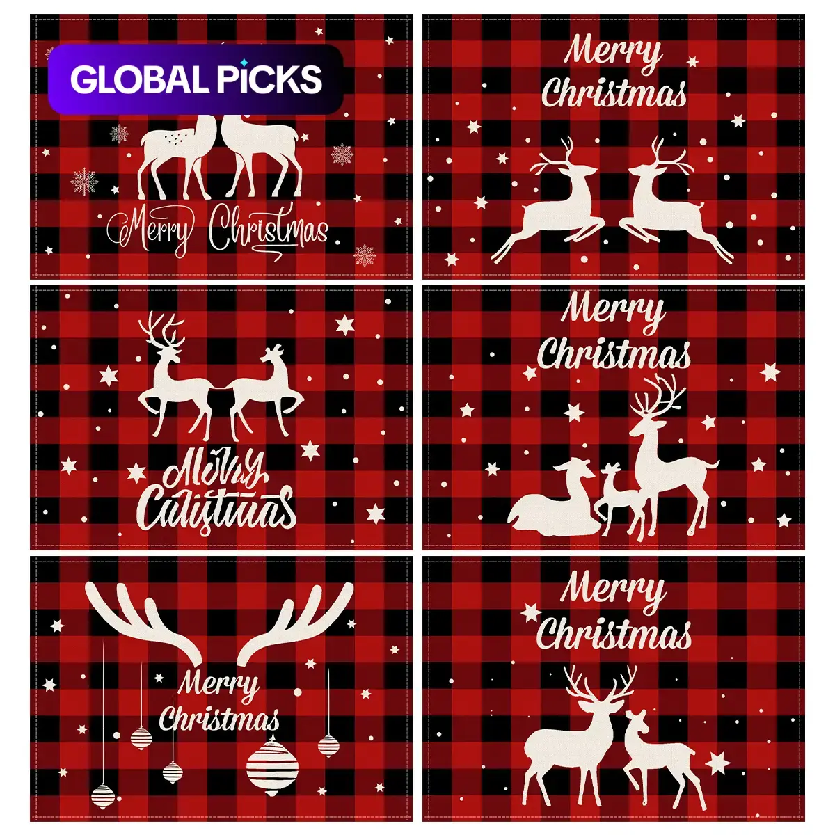 4/6pcs Christmas placemat, Rectangular, red and black checkered style, white reindeer, snowflake and star design, anti slip insulation mat, suitable for restaurants, kitchens, Christmas decorations #GLOBAL PICKS