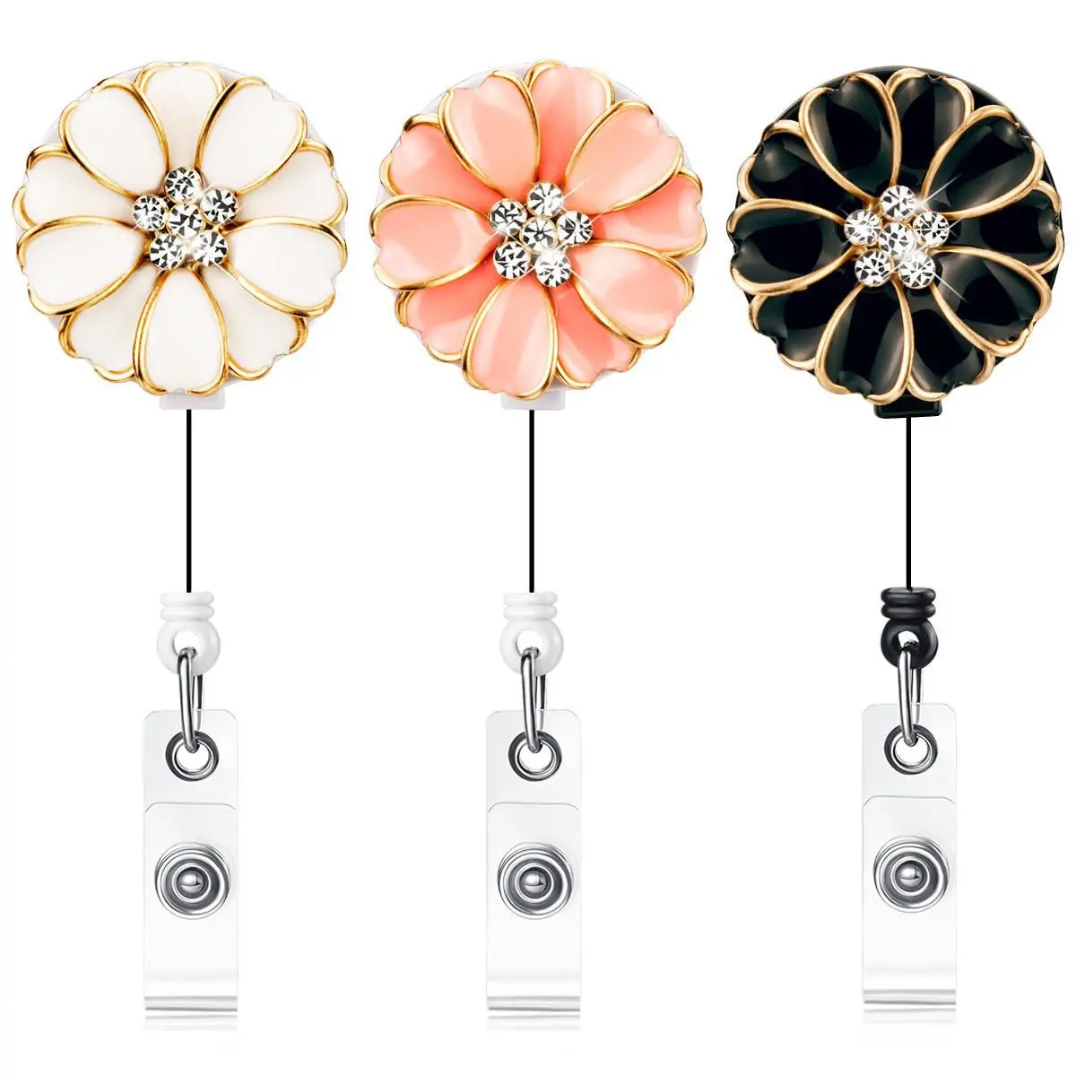 3PCS Cute Enamel Daisy Flower Nursing Badge Reels - Rhinestone Pearl Decor, 360° Rotatable Alligator Clip, 24in Heavy Duty Pull Cord ID Holders for Badges, Medical Accessory for Nurses, Nursing Badge Reel