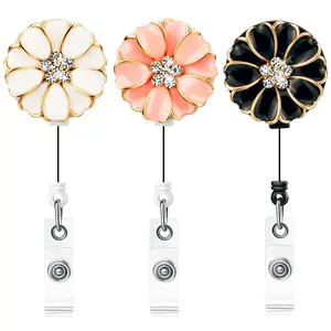 3PCS Cute Enamel Daisy Flower Badge Reels - Rhinestone Pearl Decor, 360° Rotatable Alligator Clip, Heavy Duty 24in Pull Cord ID Card Holder for Nurses, Office Workers, Cute Badge Reels