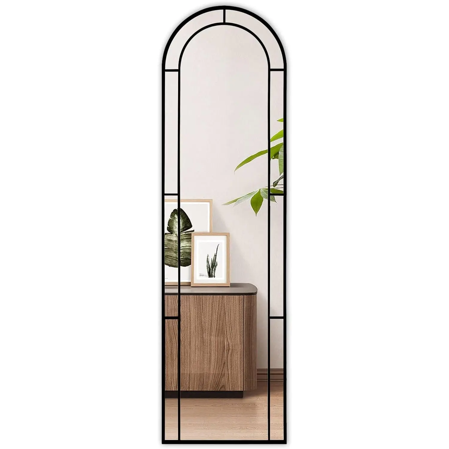 Arched Full Length Window Mirror, 16x56 Windowpane  Mirror with Metal Frame, Wall Mounted  or Leaning for Door, Bedroom, Living Room, Black, No Stand