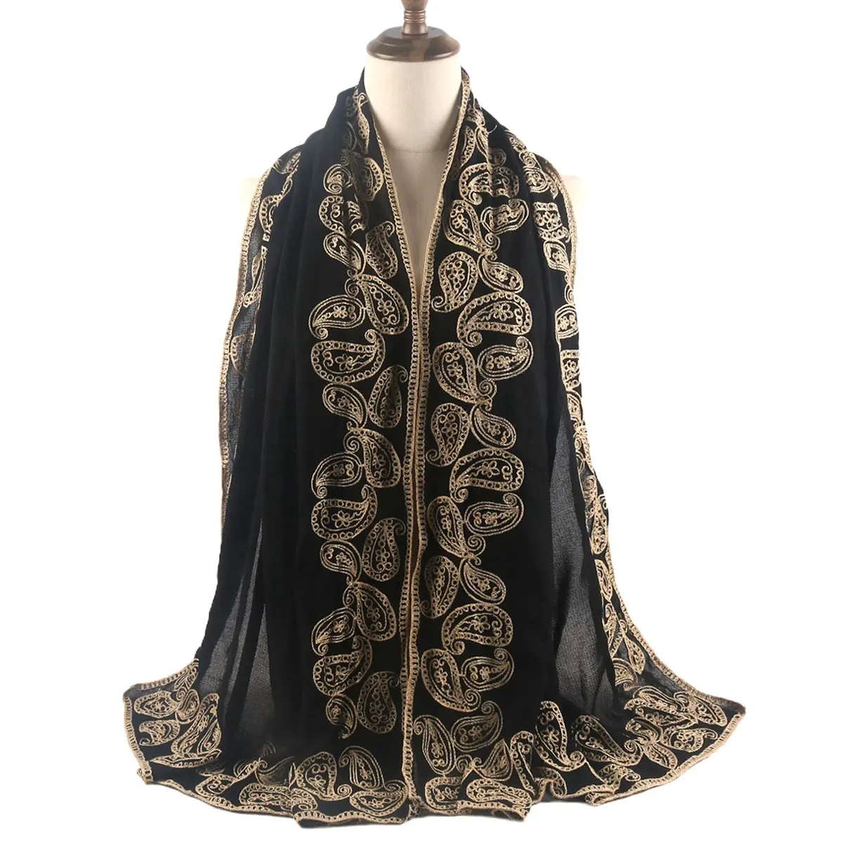 Women's Indonesian-Malay Style Black Floral Embroidered Long Rectangular Scarf - Casual Wear Embellished Shawl for Cultural Events