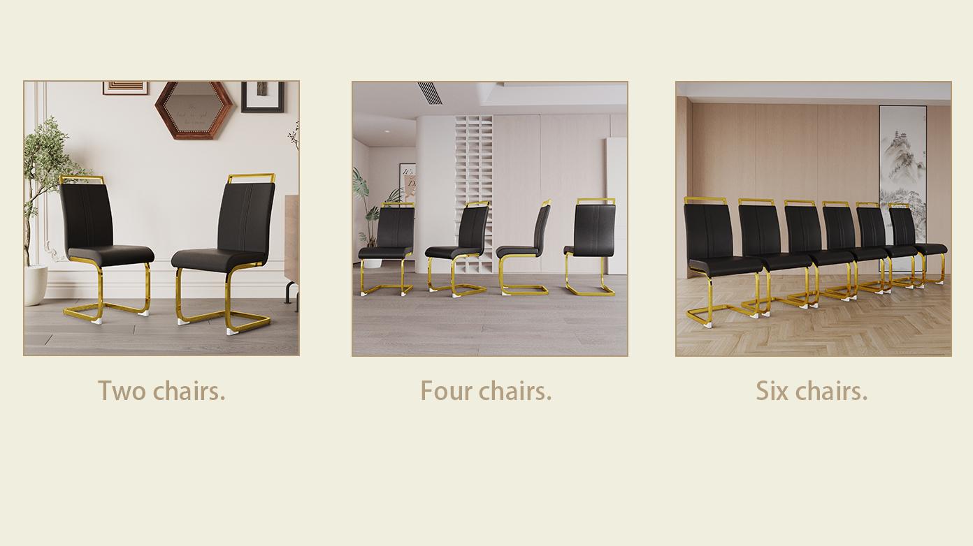 ARCH Modern Dining Chairs,PU Faux Leather High Back Upholstered Side Chair with C-shaped Tube.Plating Golden Metal Legs for Dining Room Kitchen Vanity Patio Club Guest Office Chair (Set of 4) (Black+PU)