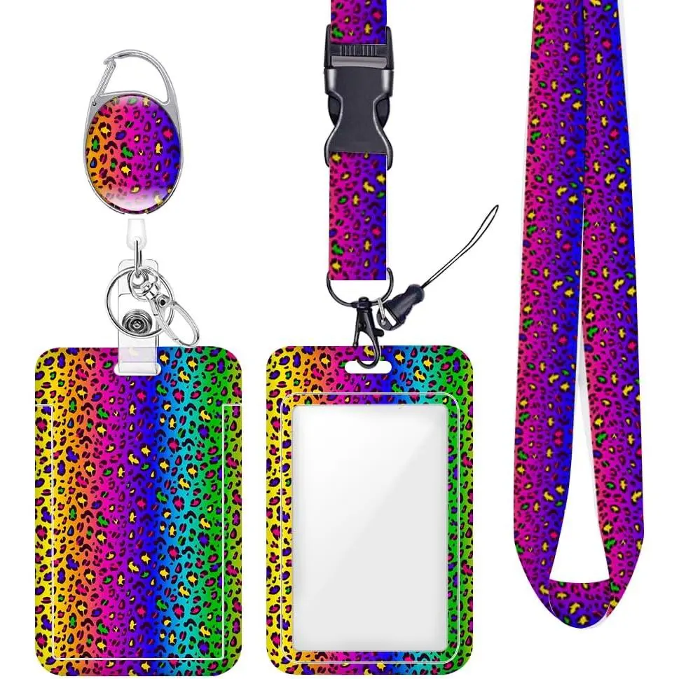 Colorful Rainbow Neon Leopard ID Badge Holder Badge Reel Lanyards for ID Badges Work Protector Retractable Carabiner Clips Heavy Duty Key Lanyard for Women Nurse  Teacher Office Birthday Gifts