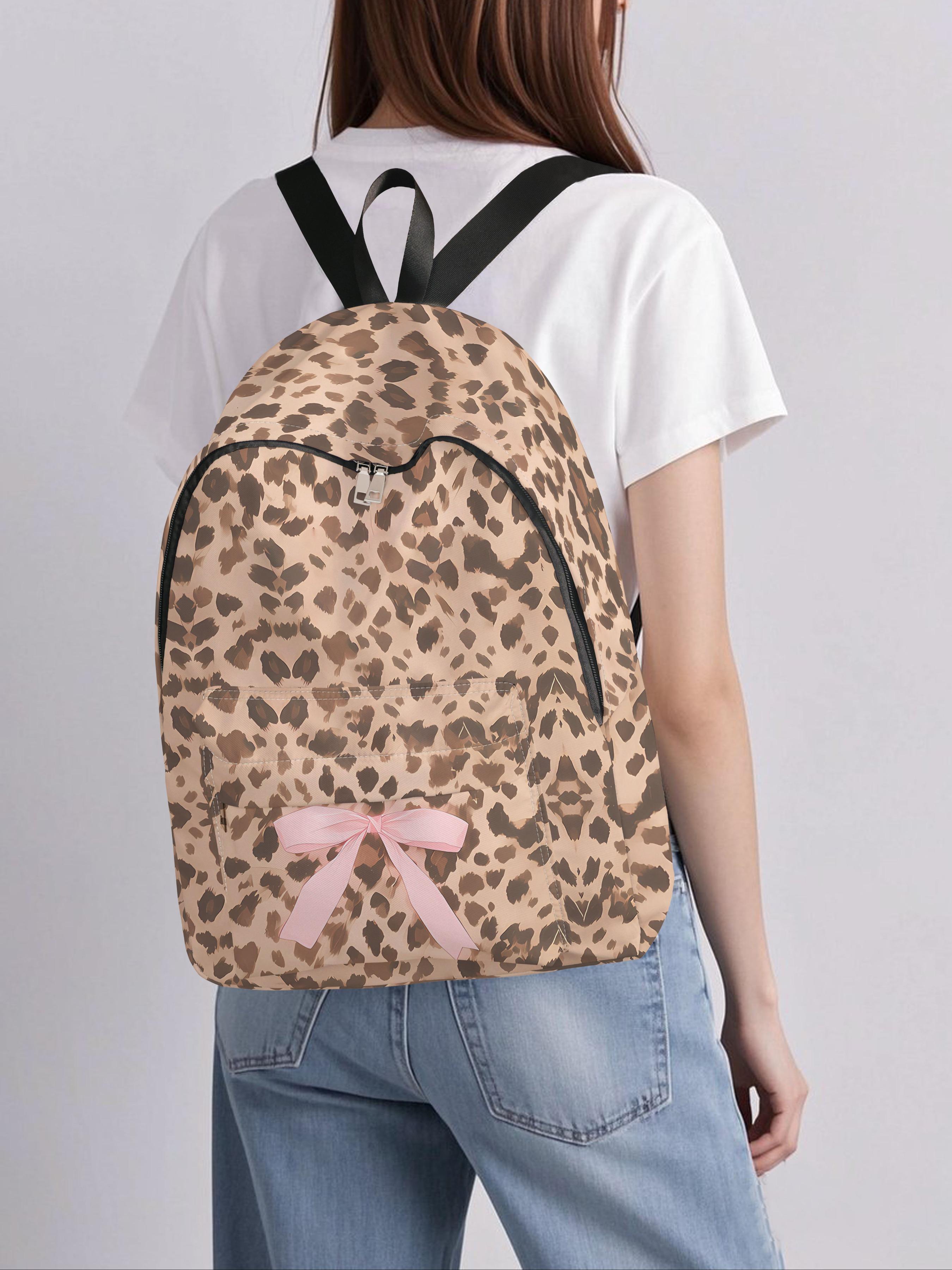 Leopard Print Bow Backpack with Fun Design, Spacious Storage for School Travel and Daily Use, Casual Style for All Seasons, Casual Printed Backpack
