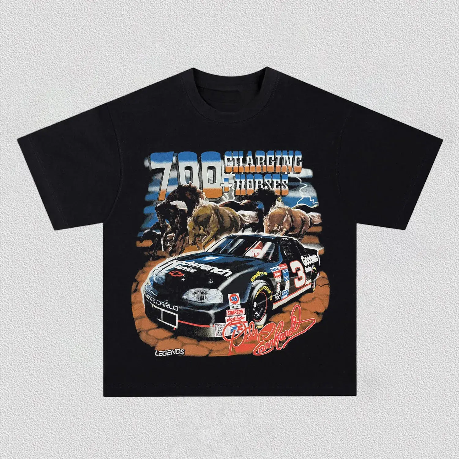 Retro Vintage NASCAR Print Dale Earnhardt Monte Carlo Race Car Wild Horses Legends Signature Detail Boxy Oversized Unisex Automotive Street T Shirt For Men Women