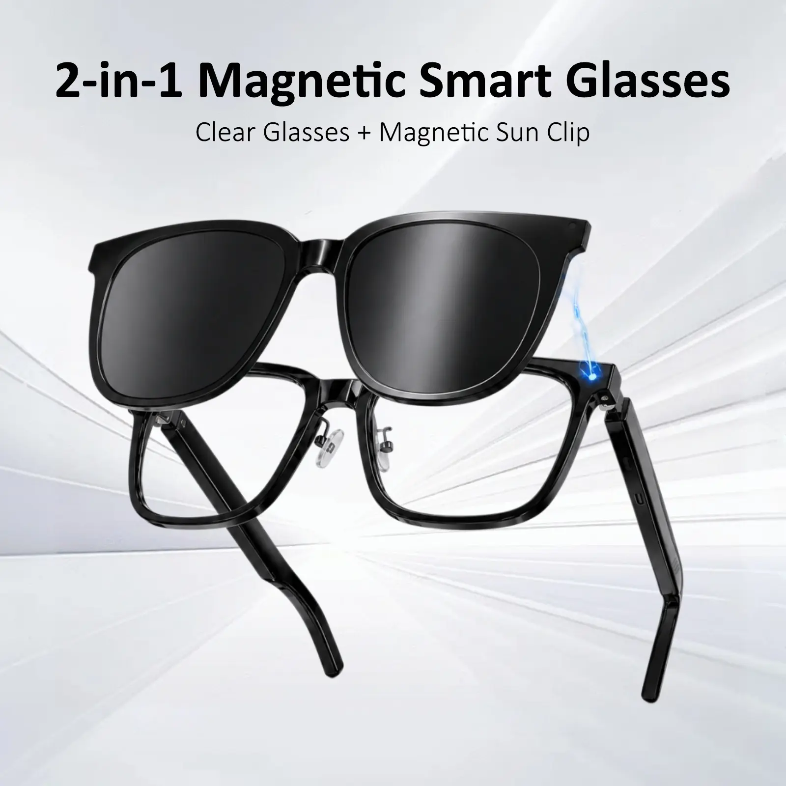 2-in-1 Magnetic Clip-On Smart Glasses, Open-Ear Bluetooth Audio Glasses with Magnetic Sun Clip, Built in Mic and Hands-Free Calling,Touch Control, UV Protection,Voice Assistant