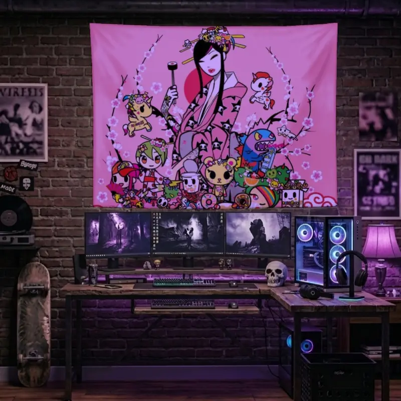 Kawaii Pop Art Collage Tapestry Pink Geisha Kimono Cherry Blossom Flower Pattern Wall Hanging Preppy Harajuku Girls Bedroom Decoration Dorm Banner