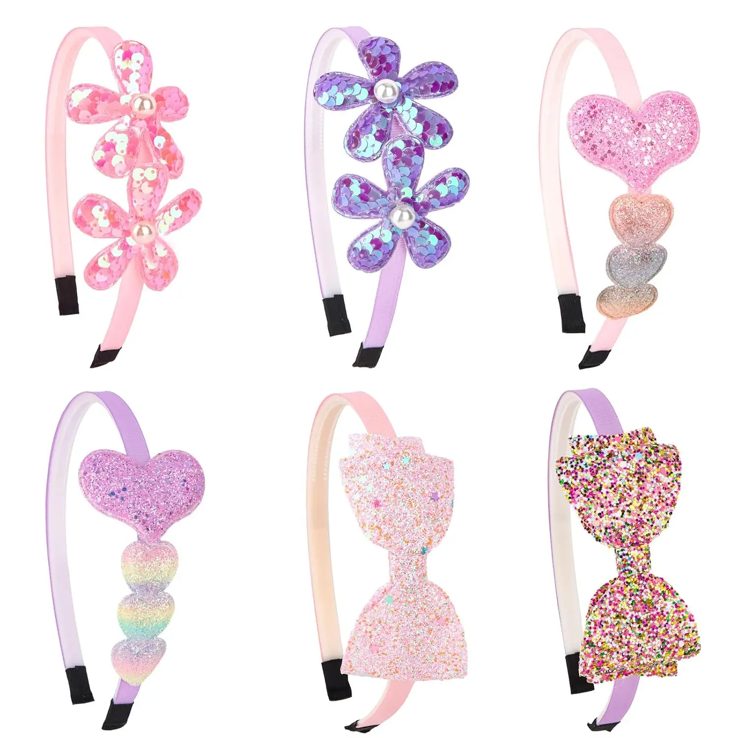 Headbands for Girls, 6 Pack Glitter Cute  Girls Headbands | Bow Heart Flower Sparkly Non Slip Sequin Headbands Bling Hair Bands Hair Accessories for School Party Daily Wear