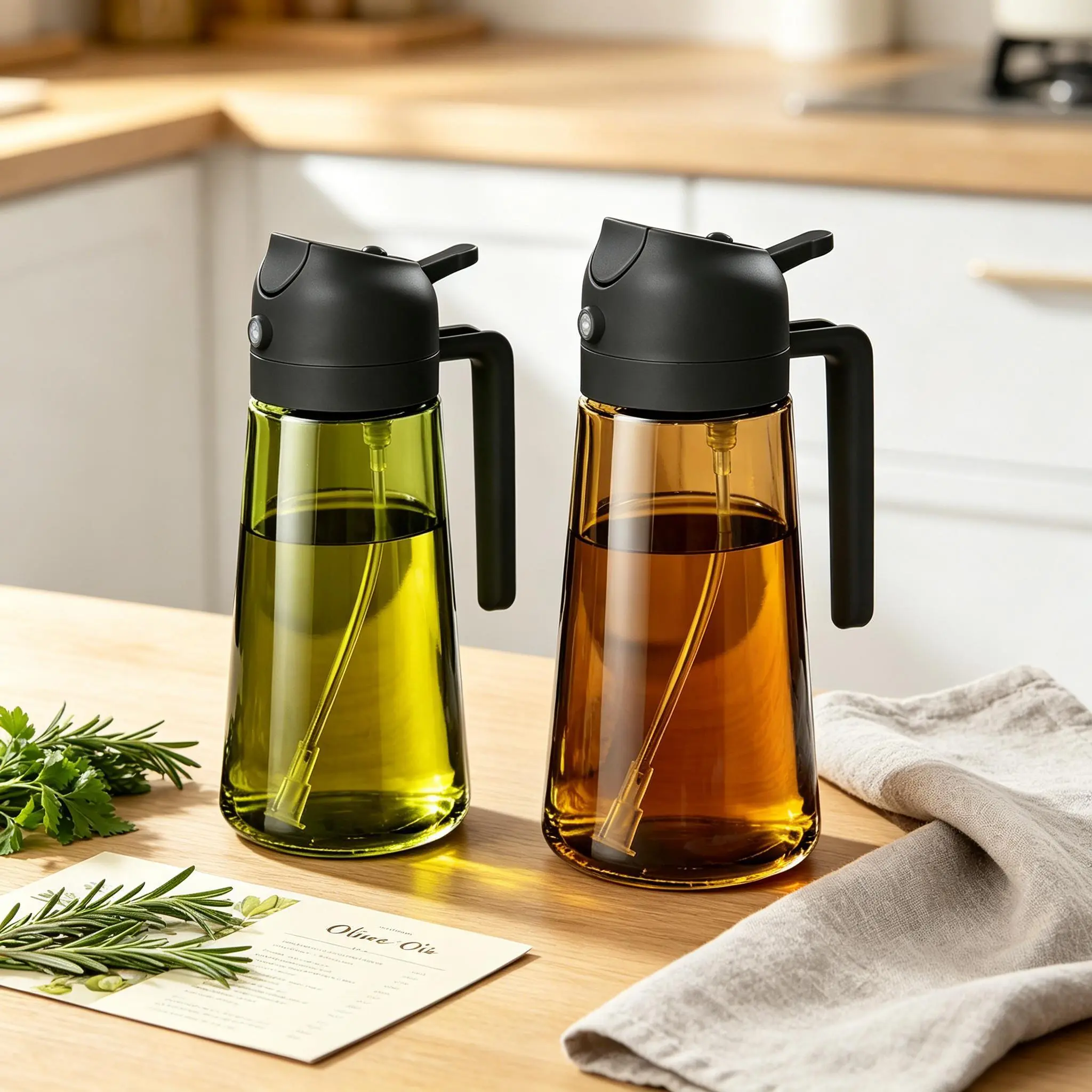 2-Pack Modern Food-Grade 2-in-1 Light-Blocking Dark Green Glass Cooking Oil Sprayer, 16oz/470ml Spray Oil Dispensers for Air Fryer, BBQ