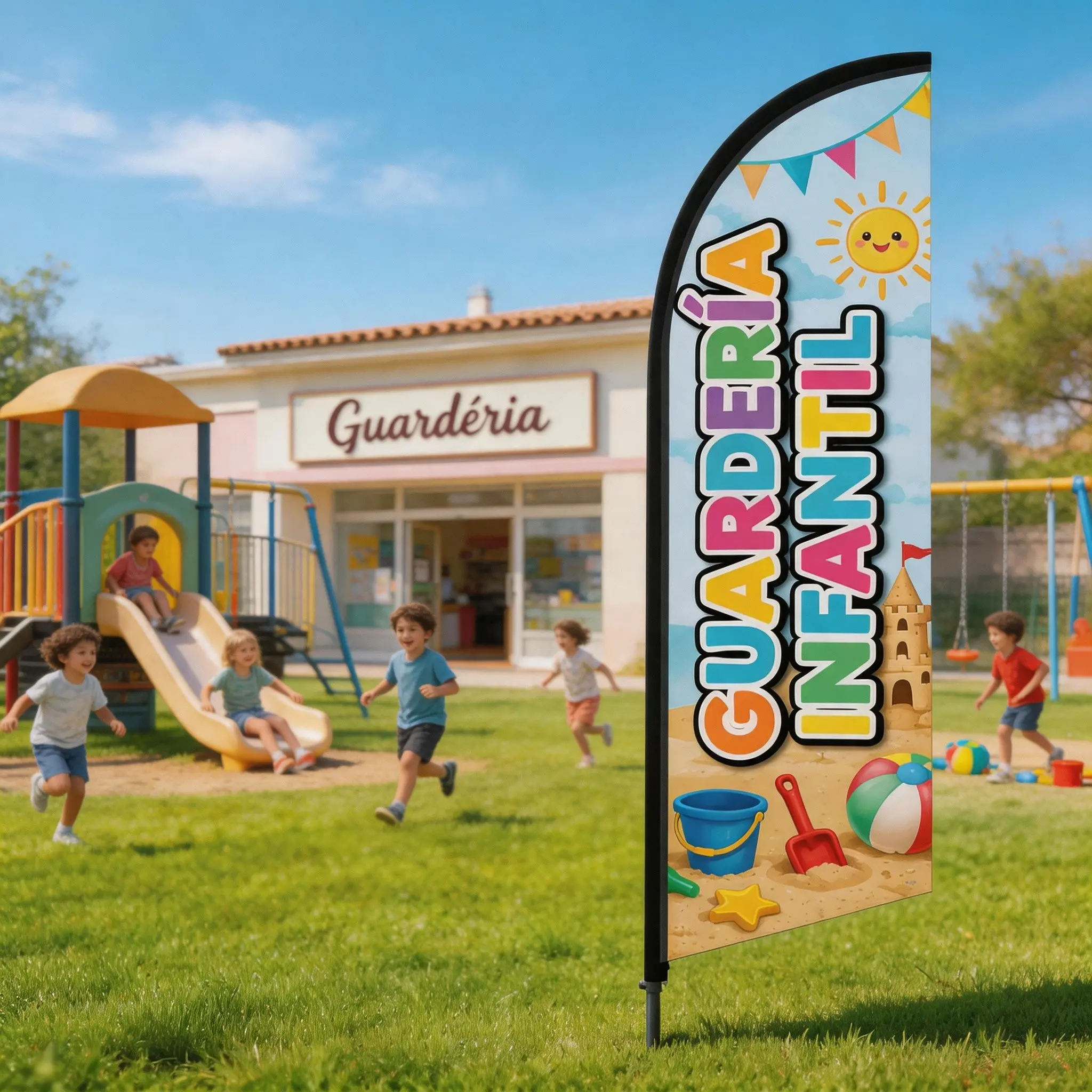 8.5 Ft Feather Flag for Daycare, Polyester Waterproof Sunscreen Banner, Wind-Resistant Single-Sided Print, Outdoor Promotion Tool