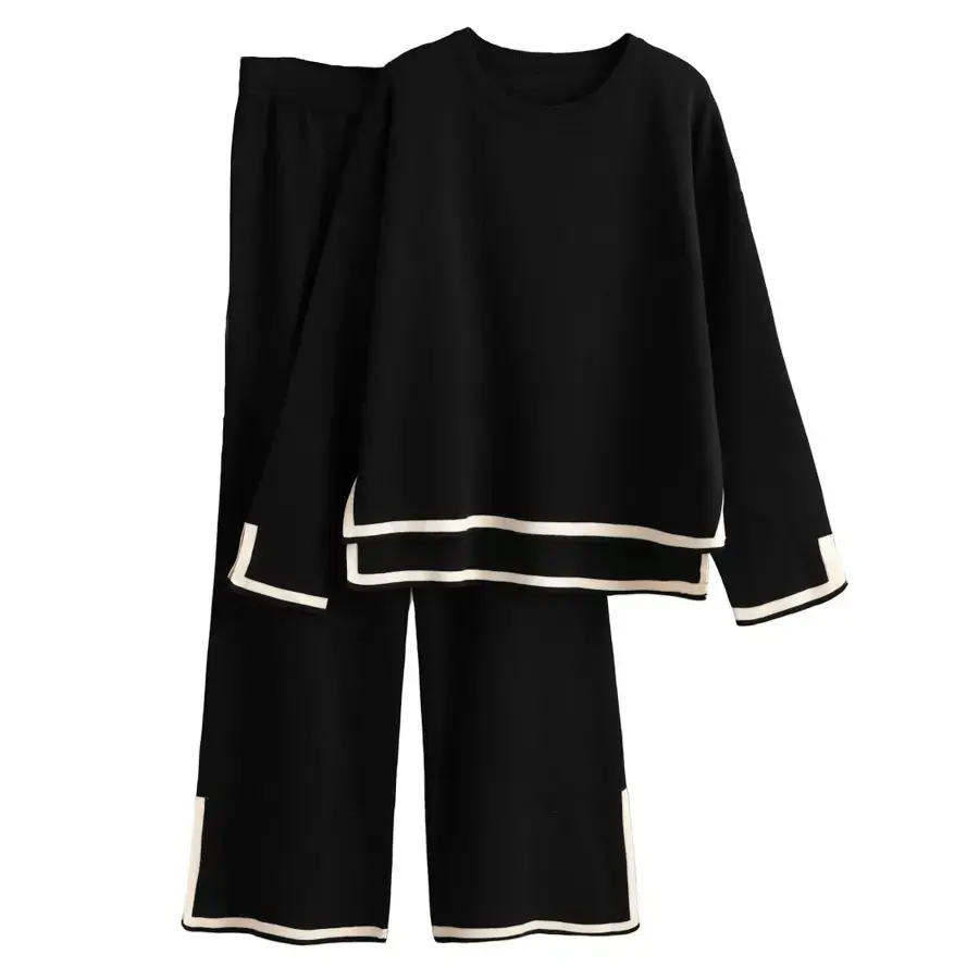 Womens Knit 2 Piece Outfits Long Sleeve Sweater Pullover Tops Wide Leg Pants Tracksuits Lounge Set